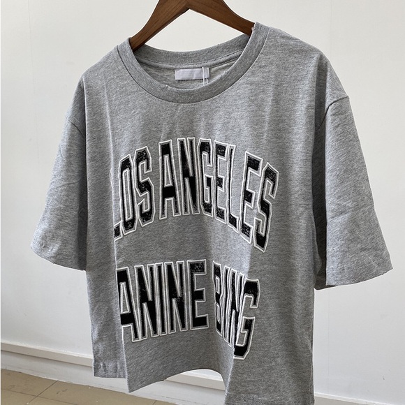 Anine Bing Letter Logo Cotton Tee Heather Grey Casual Summer Top - Picture 2 of 6